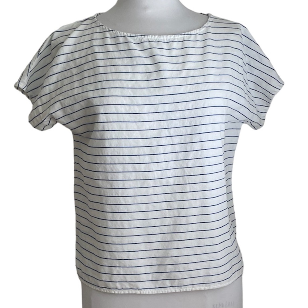 Me & Arrow Linen Stripe Short Sleeve Top Size: Large  White/Navy Blue